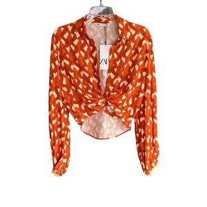 NWT Zara Midriff Crop Tie Top Blouse Linen Blend Size XS Printed Beaded